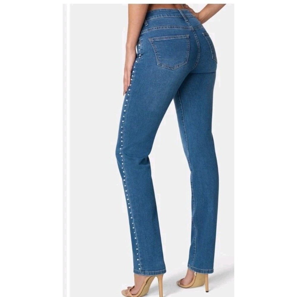 Bebe The Bling String Pearl Embellished Straight Leg Jeans Indigo Wash Size 6 - Picture 2 of 16